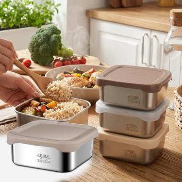 Imagem de Caixa quadrada de aço inoxidável para armazenamento de alimentos com tampa de silicone para acampamento em viagens ao ar livre, à prova de vazamento e lavável na lava-louças, 400 ml (marrom, 10 x 10 x