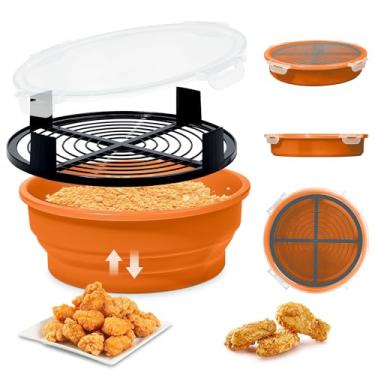 Imagem de FJNATINH Tigela de massa dobrável – Melhor coqueteleira sem bagunça com tampa – Ótimo para peixe frito, frango frito, anéis de cebola, asas e muito mais, sem vazamento, fácil de armazenar, laranja