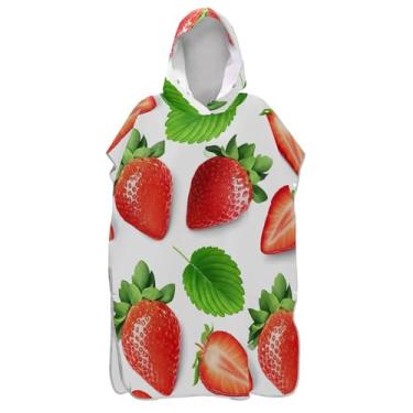 Imagem de TSENQUE Poncho de surfe trocador para adultos toalha de praia com capuz estampado plus size masculino poncho com capuz morangos folhas verdes branco