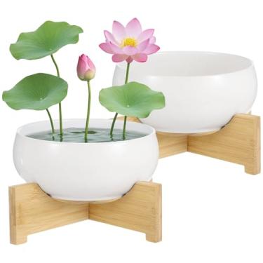 Imagem de OMISTAR 2 peças de vasos de lótus com bases, tigela de lótus de cerâmica branca, vasos de lírio d'água sem furos para plantar plantas aquáticas e internas, vasos hidropônicos internos para decoração