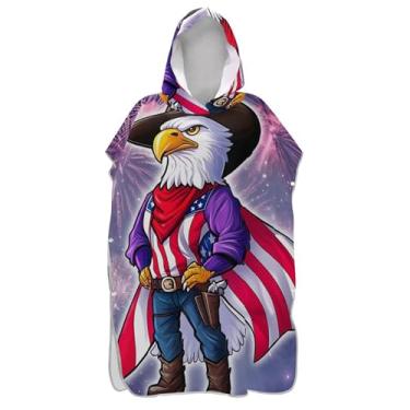 Imagem de TSENQUE Poncho de surfe trocador de roupão adultos praia com capuz toalha de banho vestível águia careca cowboy bandeira americana unissex adulto poncho com capuz