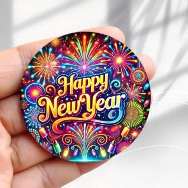 Imagem de Ímã de geladeira vintage feliz ano novo celebração fogos de artifício design -5,8 cm acrílico redondo adesivo de geladeira decoração retrô presente tamanho perfeito para geladeira, armário ou qualquer