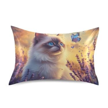 Imagem de Fronhas refrescantes fofas de desenho animado gato floral roxo cetim impressão arte king queen fronha padrão fronha macia para cama king size 101,6 cm x 50,8 cm
