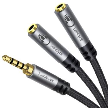 Imagem de Divisor de fone de ouvido com suporte para microfone, cabo divisor Y de microfone de áudio TRRS macho de 4 polos TRRS de 1/20.3 cm 3,5 mm, adaptador Y para fones de ouvido de jogos, bate-papo on-line