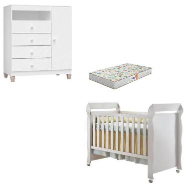Imagem de Berço Americano Mirelle Com Colchão Gazin E Cômoda Infantil Ternura Baby Branco Brilho - Incorplac