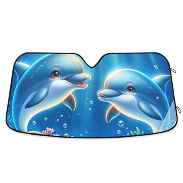 Imagem de Toldo de sol personalizado azul golfinho fofo para para-brisa de carro bonito retrátil dobrável caminhão auto sombra de carro para para-brisa dianteiro L, 144,8 cm x 80 cm