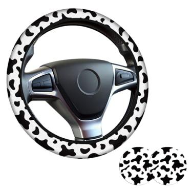 Imagem de Capa de volante com estampa de vaca para mulheres e homens, acessórios antiderrapantes de neoprene de alta elasticidade, capas de volante, universal de 38 cm para carros, SUVS, inclui 2 porta-copos de