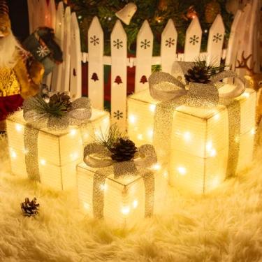 Imagem de Conjunto de 3 caixas de presente empilháveis iluminadas de Natal para quintal – com 60 LEDs brancos quentes, perfeitas como decorações de Natal ao ar livre, decorações de árvore de Natal, iluminação
