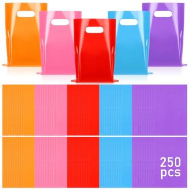 Imagem de Gueevin Pacote com 250 sacos de plástico com alça cortada 23 x 30 cm 1,5 mm de espessura, multicoloridos, sacos de compras com alças para varejo, embalagem, presentes - vermelho, azul, rosa, laranja