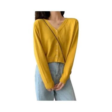 Imagem de Cardigan Feminino De Manga Longa Com Decote Em V, Cropped, Botões, Tri