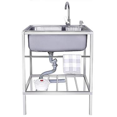 Imagem de Pia de cozinha pia de aço inoxidável pia doméstica bacia de vegetais pia única estação de trabalho pia de cozinha, tigela única de aço inoxidável de pé livre (58 * 43 cm)