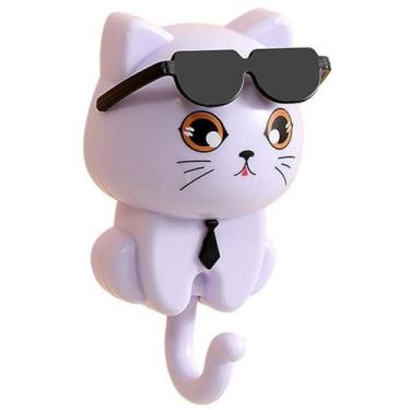 Imagem de O gancho de gato de óculos de sol roxo é pendurado na parede. O porta-chaves para gatinhos é um chaveiro decorativo pegajoso com forte capacidade de carga. É adequado para banheiros, cozinhas e
