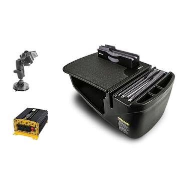 Imagem de AutoExec Mesa de carro Efficiency FileMaster para sua estação de trabalho de veículo e escritório móvel, preta, com inversor de potência de 400 watts e suporte de sucção para telefone