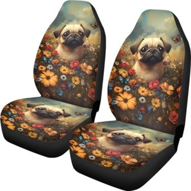 Imagem de Talayituse Capa de assento de carro com estampa de borboleta de cachorro Pug Capa de assento de veículo 2 peças/conjunto de capas de assento dianteiras automotivas para a maioria dos carros SUV Sedan