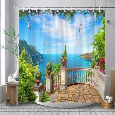 Imagem de Cortina de chuveiro de paisagem de jardim ao ar livre, cidade, paisagem costeira, paisagem mediterrânea, cortinas de chuveiro, decoração de banheiro, 39 x 87 pol. - 100 x 220 cm/LxA, conjuntos de