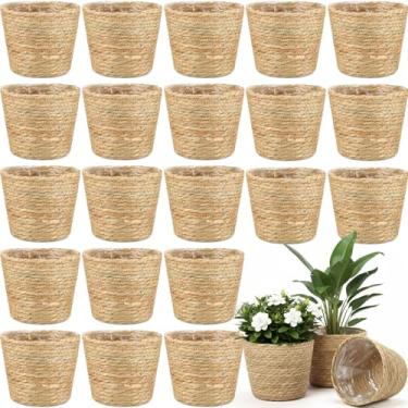 Imagem de AceOrbit Cesta de plantas de alga marinha com 24 peças com forros de plástico, cestas de vime tecidas elegantes a granel 6,3 x 5,5 x 5,1 cestas de vime para plantas internas e externas para cobertura