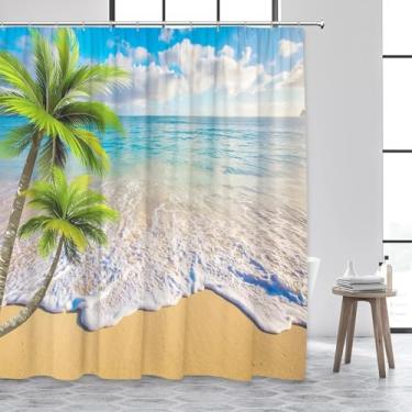 Imagem de Conjunto de cortina de chuveiro com paisagem de palmeiras de praia do Havaí, verde, planta tropical, oceano, paisagem natural, ganchos para decoração de banheiro, 180 x 195 cm/LxA, cortina de chuveiro
