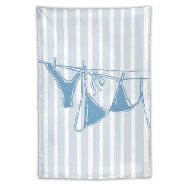 Imagem de Tapeçaria de biquíni azul em linha, arte minimalista, fundo listrado, decoração de casa temática de praia para quarto, banheiro, ambiente de verão, tapeçaria de 101 x 152 cm