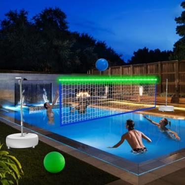 Imagem de Rede de voleibol de piscina – Sistema portátil de rede de voleibol para piscina interna/externa com 2 bolas de vôlei aquáticas e base resistente. Comprimento ajustável de 15 a 25 pés para rede de