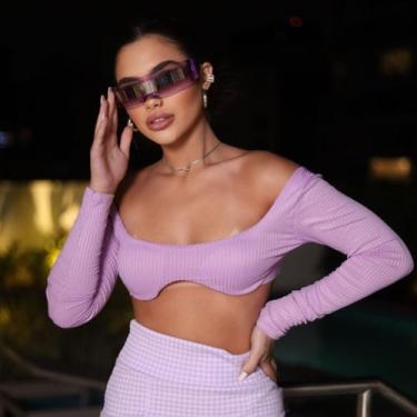 Imagem de Cropped Top Canelado Feminino Manga Longa com Bojo - Diversas Cores - 