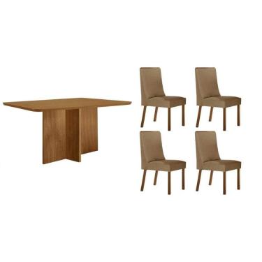Imagem de Sala Jantar Mesa Berlim Tampo Curvo 120cm+4 Cadeiras Dakota Madeira Naturale - Capuccino/Linho Bege - Rufato