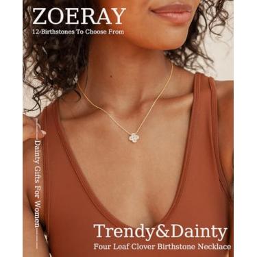 Imagem de ZOERAY Colar feminino com pedra do mês de nascimento, banhado a ouro 14K, com trevo de quatro folhas, colar delicado de ouro para mulheres, moderno, com pingente de esmeralda, zircônia, joias