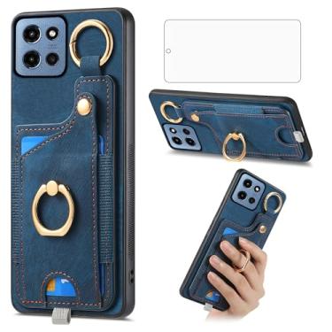 Imagem de Asuwish Capa para celular Motorola Moto G 5G 2025 carteira com protetor de tela de vidro temperado e suporte de anel fino para cartão de crédito G5G 5 G G5 feminino masculino azul