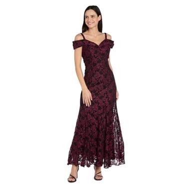 Imagem de R&M Richards Vestido feminino longo de 2 tons com glitter de renda sereia - decote ombro de fora com alças - vestido formal para noite, Merlot/preto, 50