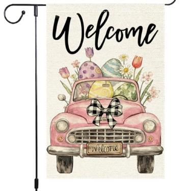 Imagem de Welcome Easter Garden Flag 30,5 x 45,7 cm serapilheira dupla face rosa carro vintage ovos de páscoa flores arco xadrez búfalo decoração ao ar livre para quintal pátio decoração de primavera