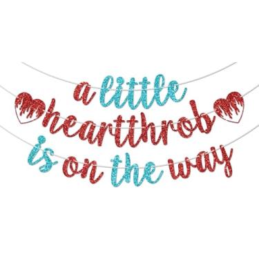 Imagem de Banner A Little Heartthrob is on the Way, decorações de chá de bebê para menino, Welcome Baby Boy, Dia dos Namorados, decorações de festa de primeiro aniversário, brilho azul e vermelho