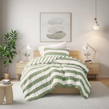 Imagem de Regency Heights Conjunto de edredom solteiro listrado reversível, de microfibra macia com design de listras de dupla face, quente e aconchegante para todas as estações, edredom e edredom de 2 peças