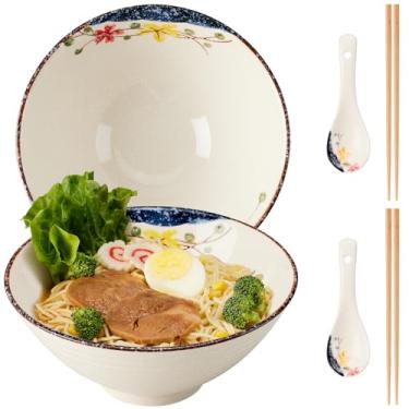 Imagem de hengshukeji Conjunto de tigelas de ramen japonês, 2 peças, tigelas grandes de macarrão de cerâmica de 1,134 g com pauzinhos e colheres para Pho, Udon, arroz, macarrão – pode ir ao micro-ondas e