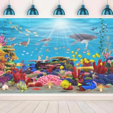 Imagem de YongFoto Fundo de 1,5 x 90 m de fundo do mundo subaquático oceano, animal, peixes, recifes, peixes, baleia, tartarugas, planta aquática, azul, para chá de bebê, decoração de festa de aniversário