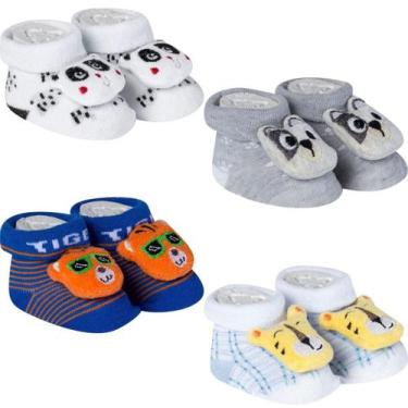 Imagem de Kit 4 Meias Bebê Pantufas Divertidas Recém-Nascido Menino Algodão Maci