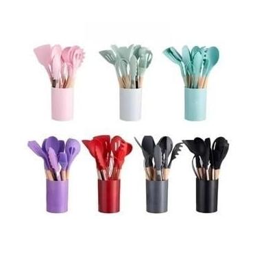 Imagem de Jogo de Cozinha Kit C/12 Pçs de Silicone Utensílios e Copo Suporte para Cozinha Cabo de Madeira Su(12 Peças-26.5CM-KIT 2aleatória)