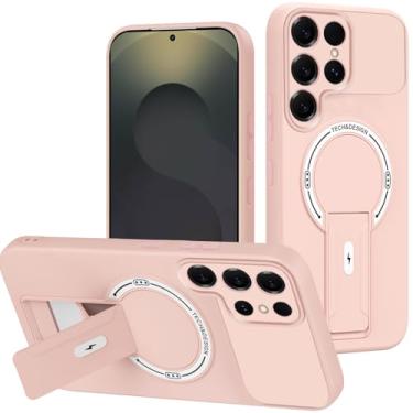 Imagem de POYUFRG Capa magnética para Samsung Galaxy S26 Ultra/S26 Plus/S26, capa de proteção de câmera fina fosca com capa de suporte dobrável, rosa, S26