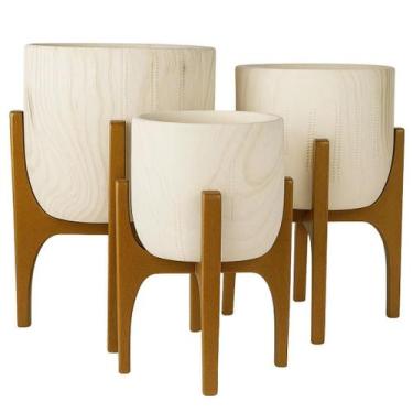 Imagem de Kit com 3 Vasos Linha Genebra com Suporte de Madeira Alto - Alpe & Ari