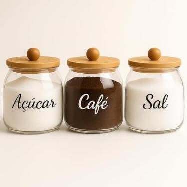 Imagem de Kit 3 Potes Herméticos De Vidro Com Tampa De Bambu Para Café Açúcar E Sal Luxo E Organização Para Cozinha