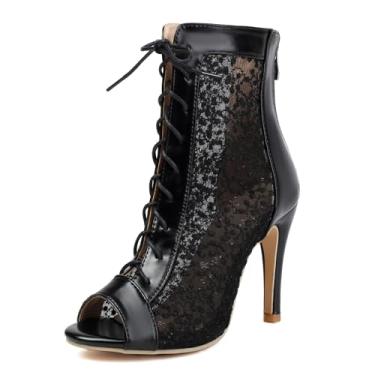 Imagem de ElegaStep Botas femininas elegantes de renda Peep Toe com zíper nas costas para noiva botas de salto alto stiletto de verão no tornozelo Jazzi, Preto, 36