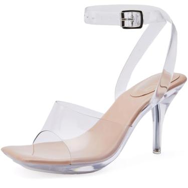 Imagem de NBUUNBU Salto transparente para mulheres, sexy, tiras transparentes, tiras no tornozelo, sapatos plataforma, salto gatinho, bico quadrado, sandálias confortáveis, Nude., 34
