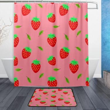 Imagem de Kigai Lindo conjunto de tapetes de cortina de banho morangos e folhas verdes 2 peças, conjunto temático de banheiro (152 x 182 cm) com cortina de chuveiro e tapete antiderrapante -12 ganchos