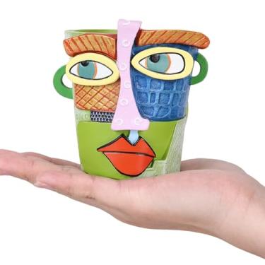 Imagem de oliruim Mini vasos com cabeça de plantador facial, grafite colorido abstrato, mini vasos fofos para plantas com drenagem, ideal para plantas internas e externas exclusivas (verde colorido)