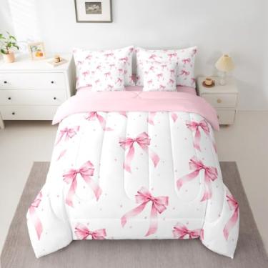 Imagem de Feelyou Conjunto de edredom com laço rosa, 7 peças, solteiro, para crianças, adolescentes, kawaii, decoração de quarto, microfibra leve e macia