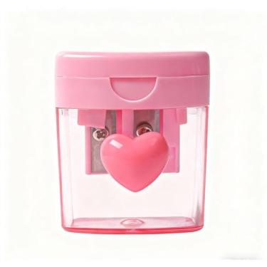 Imagem de Apontador de lápis manual compacto com orifícios duplos e receptáculo de tampa para sala de aula e uso doméstico rosa