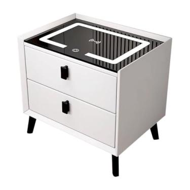 Imagem de Mesa de canto pequena moderna para quarto, suporte inteligente de LED de 3 cores com 2 gavetas, mesas de cabeceira com estação de carregamento