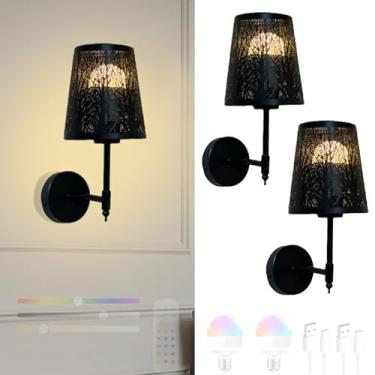 Imagem de GZZBMY Lâmpada de parede com bateria LED com lâmpadas reguláveis RGB iluminação de parede sem fio com controle remoto preto metal arandelas para sala de estar quarto escada corredor (preto, 2 peças)