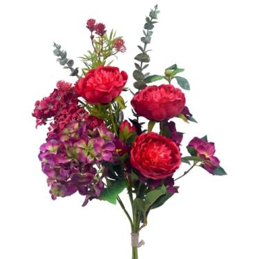 Imagem de Falorbale Buquê de flores artificiais – mistura de peônia e eucalipto de seda falsa, arranjos de flores artificiais para casa, decoração de escritório e mesa de jantar (vermelho)