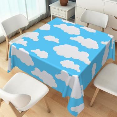 Imagem de TTQYFNM Toalha de mesa quadrada de 178 x 178 cm, céu azul, nuvens brancas, desenho animado história, toalha de mesa de tecido lavável e reutilizável para cozinha, sala de jantar, decoração de festa de