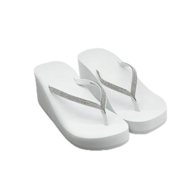 Imagem de Sandálias femininas com strass, chinelos, plataforma, chinelos de cunha, sapatos de casamento, praia, caminhada, salto, tanga para mulheres, elegantes, Branco, 38