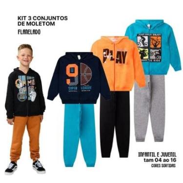 Imagem de 3 Conjuntos Moletom Juvenil Masculino Blusa Calça Flanelado Agasalho Menino Capuz Ziper Punho 04-16-Masculino